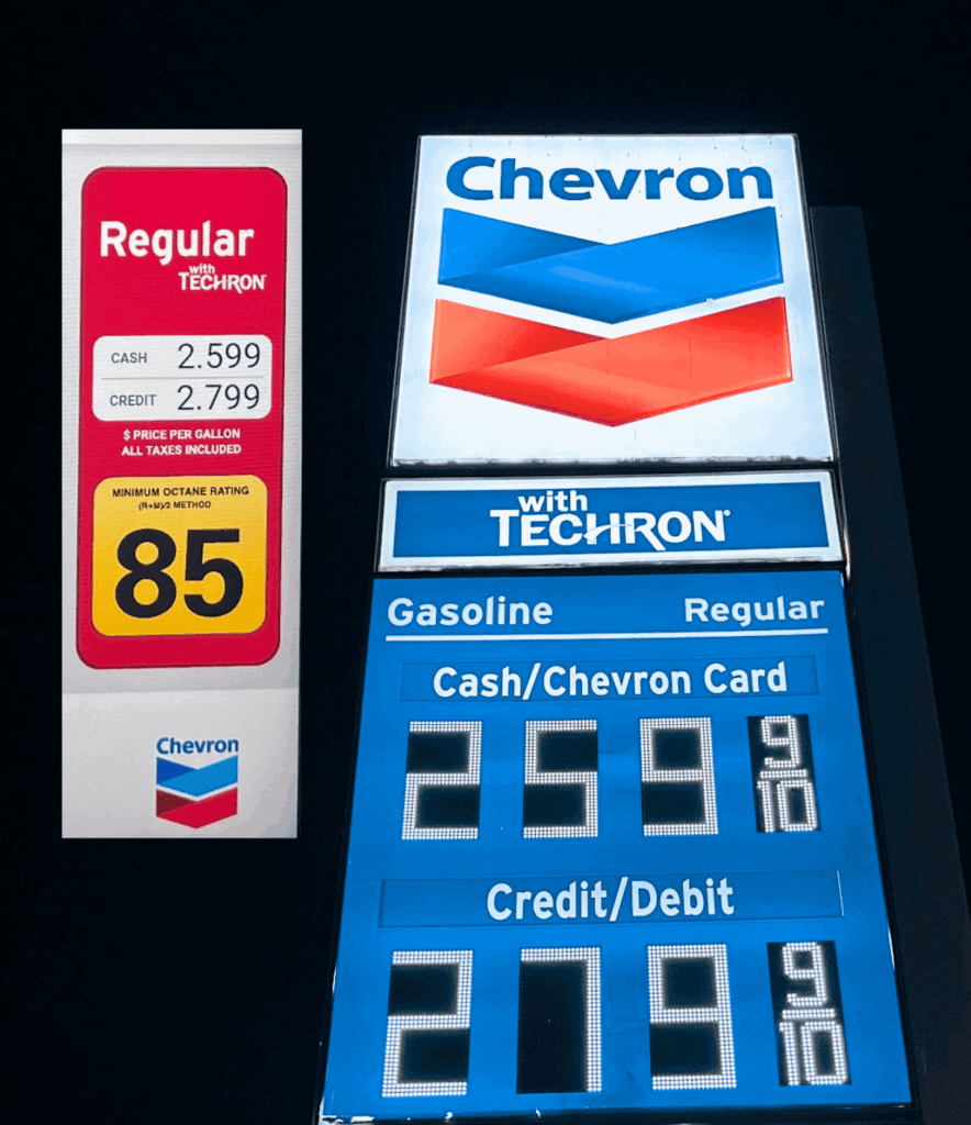 Image of a Gas Station Showing Dual Pricing