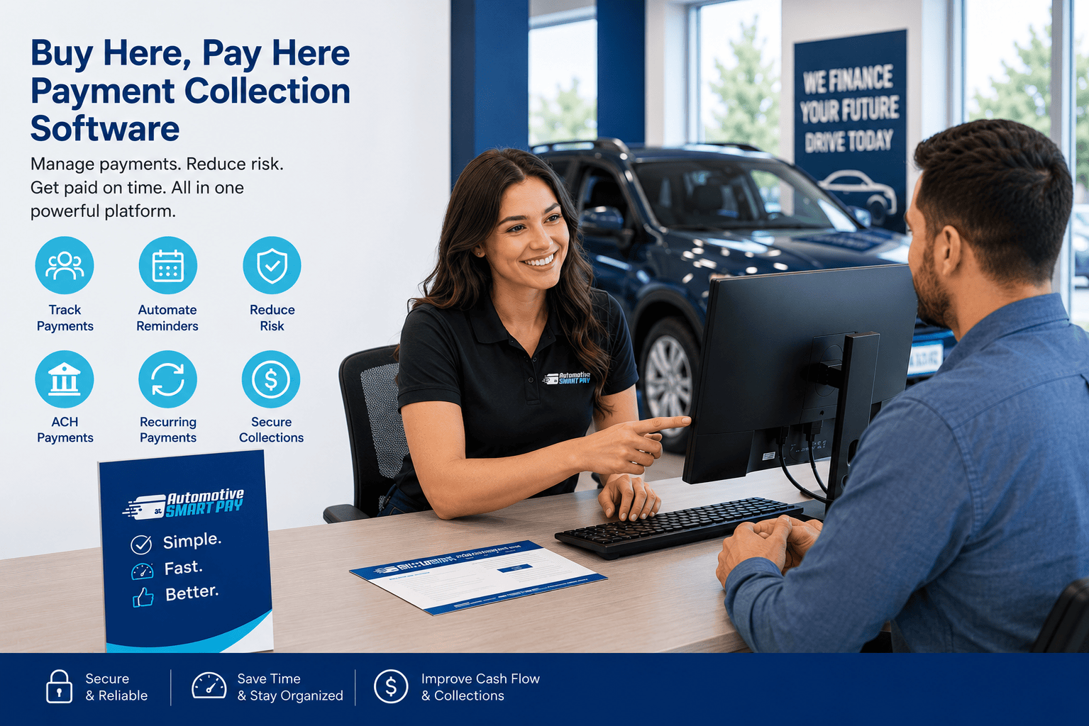Sales person using buy here pay here payment collection software from automotive smartpay