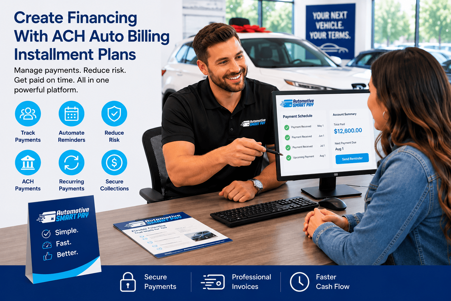 Car Salesperson at Computer with Customer Showing Flexible financing solutions for car buyers