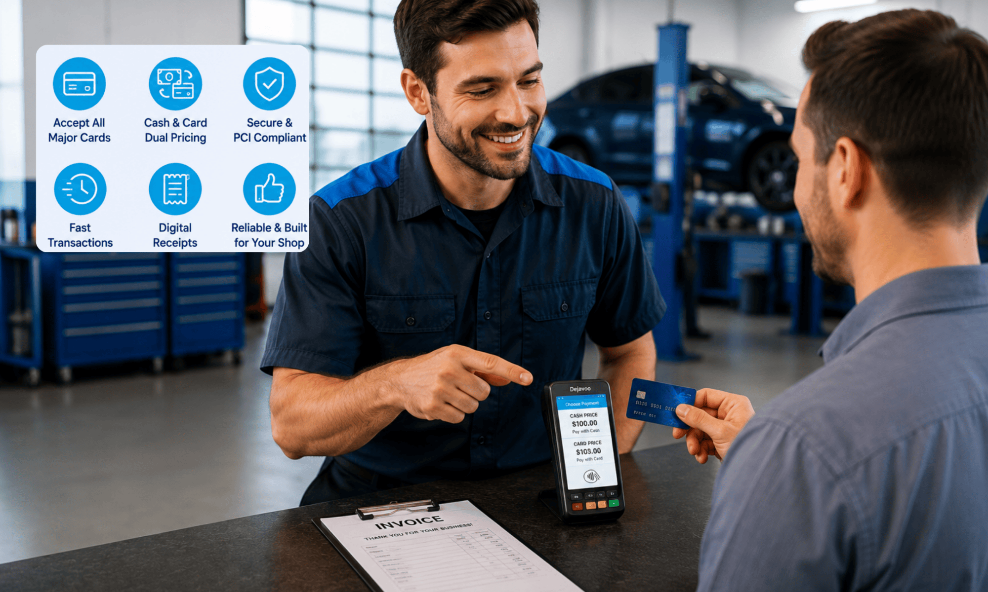 Image of Customer at Dual Pricing Credit Card Terminal at an Auto repair shop