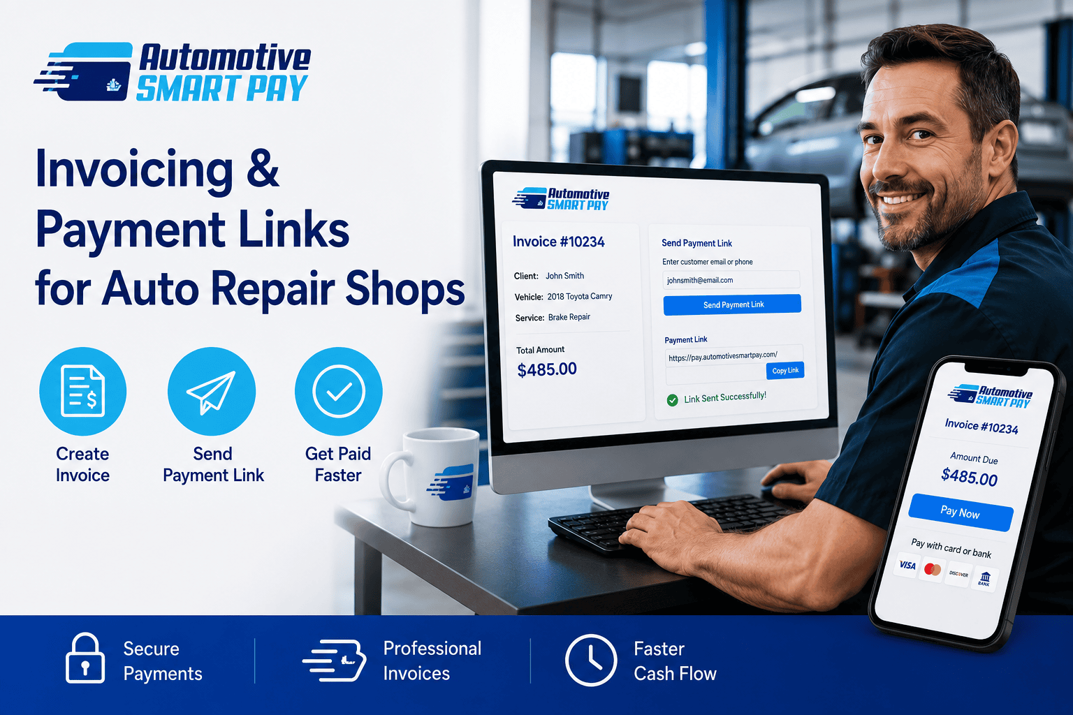 Image of a Car Mechanic at Computer Doing Invoicing Payment Links For His Auto Repair Shop