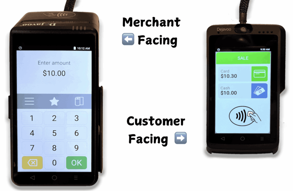 Image of Merchant facing and customer facing Dejavoo payment terminals for Mitchell 1 auto repair shop software
