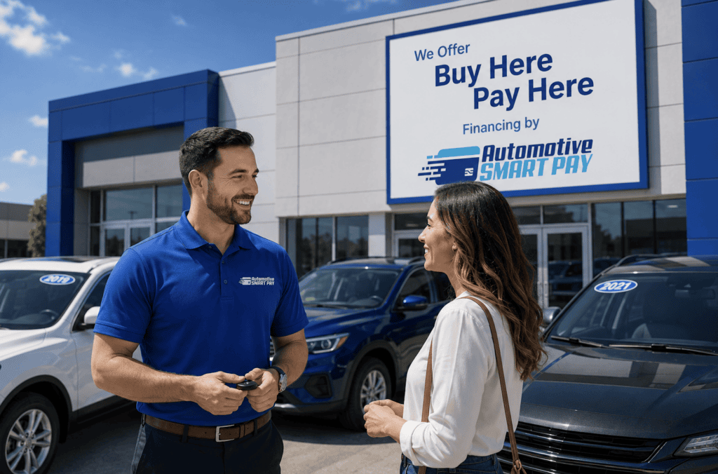 Image of Auto Salesperson and Customer Offer Buy Here Pay Here Financing from Automotive SmartPay