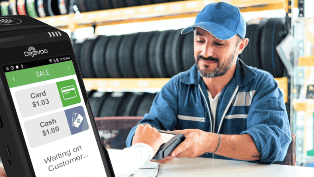 Image of Tire Shop Mechanic and Dual Pricing Payment Machine